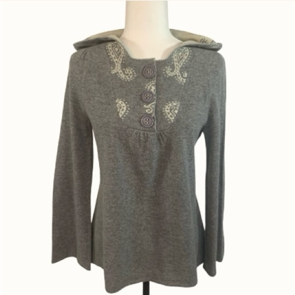 Lapis Wool Hoodie Sweater Tunic Fluted Sleeve Empire Waist Paisley Grey Cream M